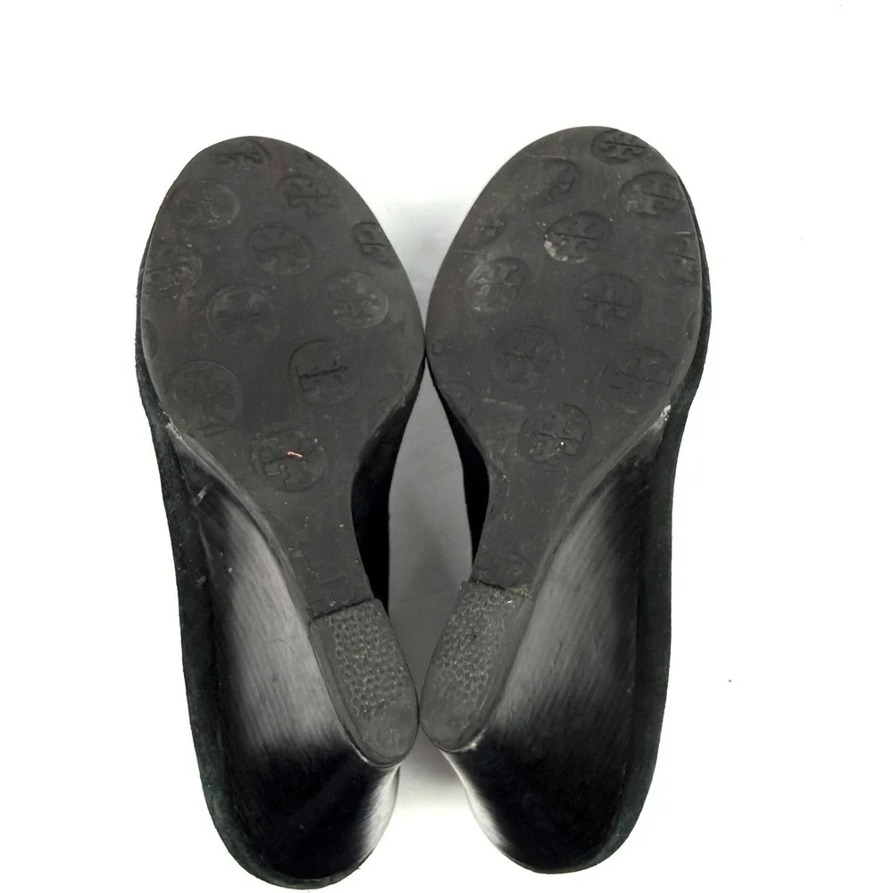 Tory Burch Sophie Wedge 6.5‎ Black Suede Slip On Heels Silver Logo